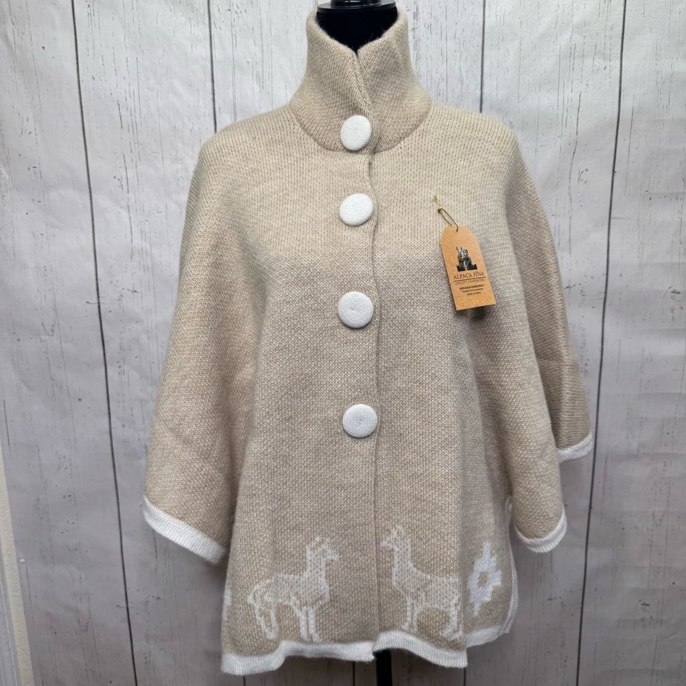 Alpaca Fina Beige Alpaca Wool Cape Poncho Llama Knit Peru Artisan Cozy Boho